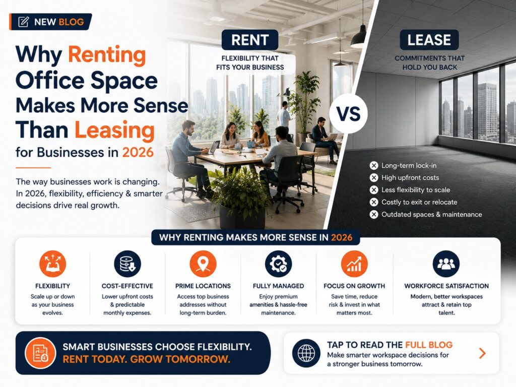 Business blog banner comparing rented office space with leased office space. The graphic illustrates the advantages of renting, including flexibility, lower upfront costs, prime locations, managed facilities, and scalability for growing businesses in 2026, alongside a call to read the full blog.
